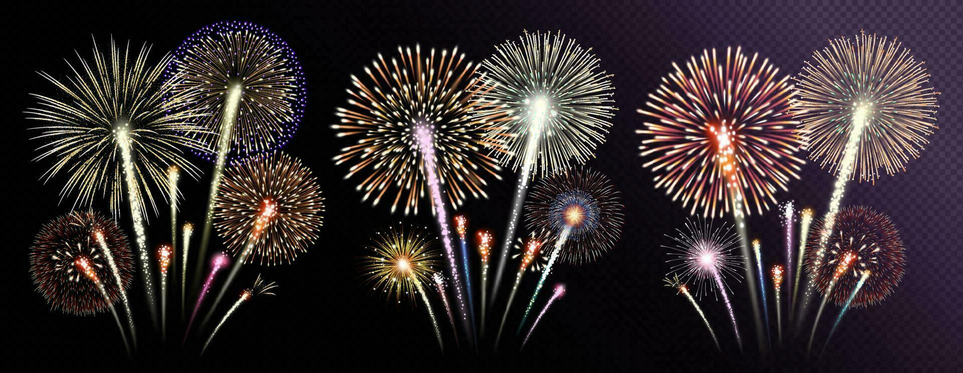 Three groups of realistic fireworks isolated vector illustration.