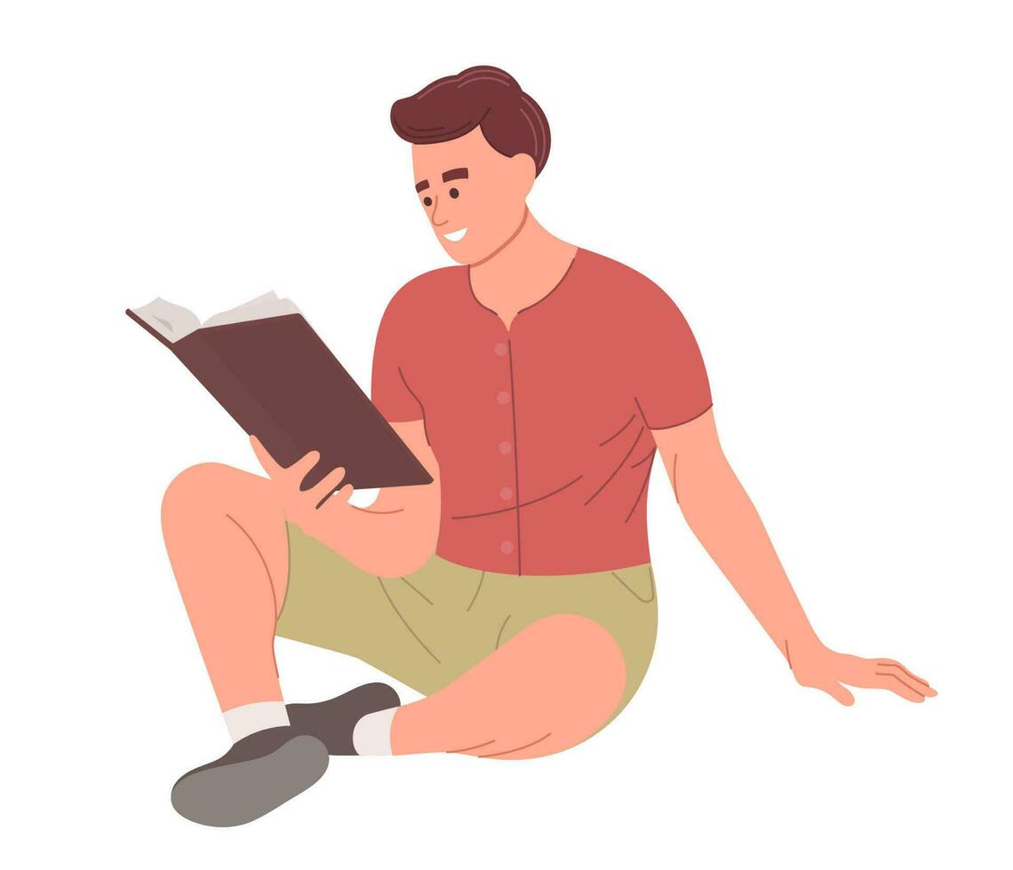 contento hombre leyendo un libro sentado en el piso. educación pasatiempo concepto. vector ilustración