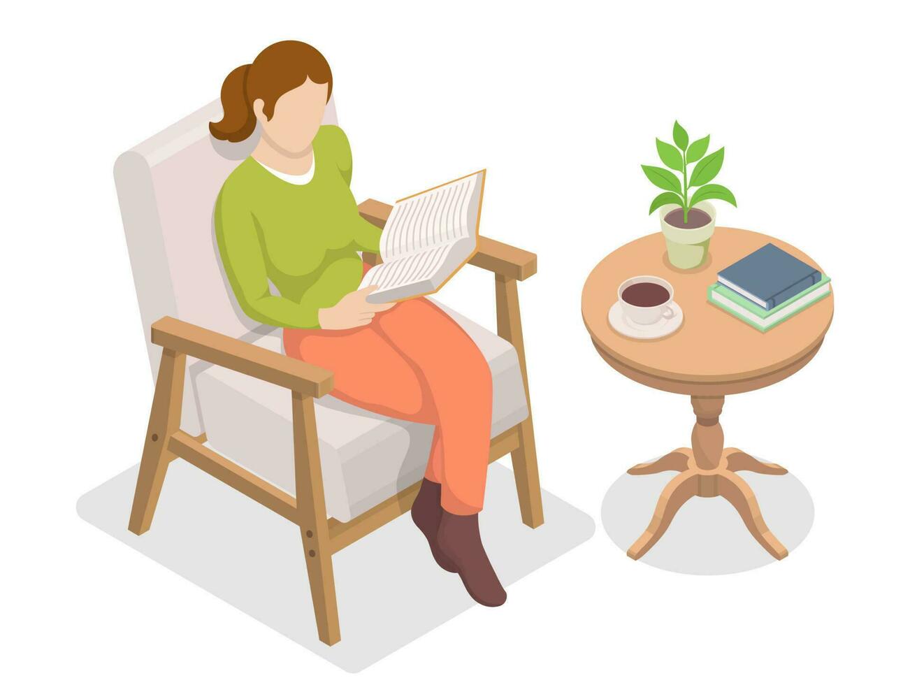 Girl is reading a book sitting on a chair near a round table. Isometric vector illustration.