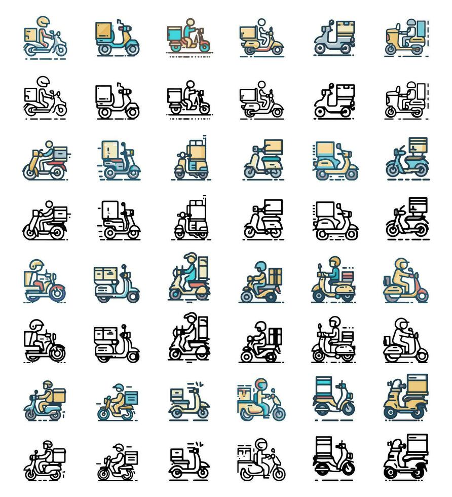 Motorcycle courier vector colored and flat gray color icons.