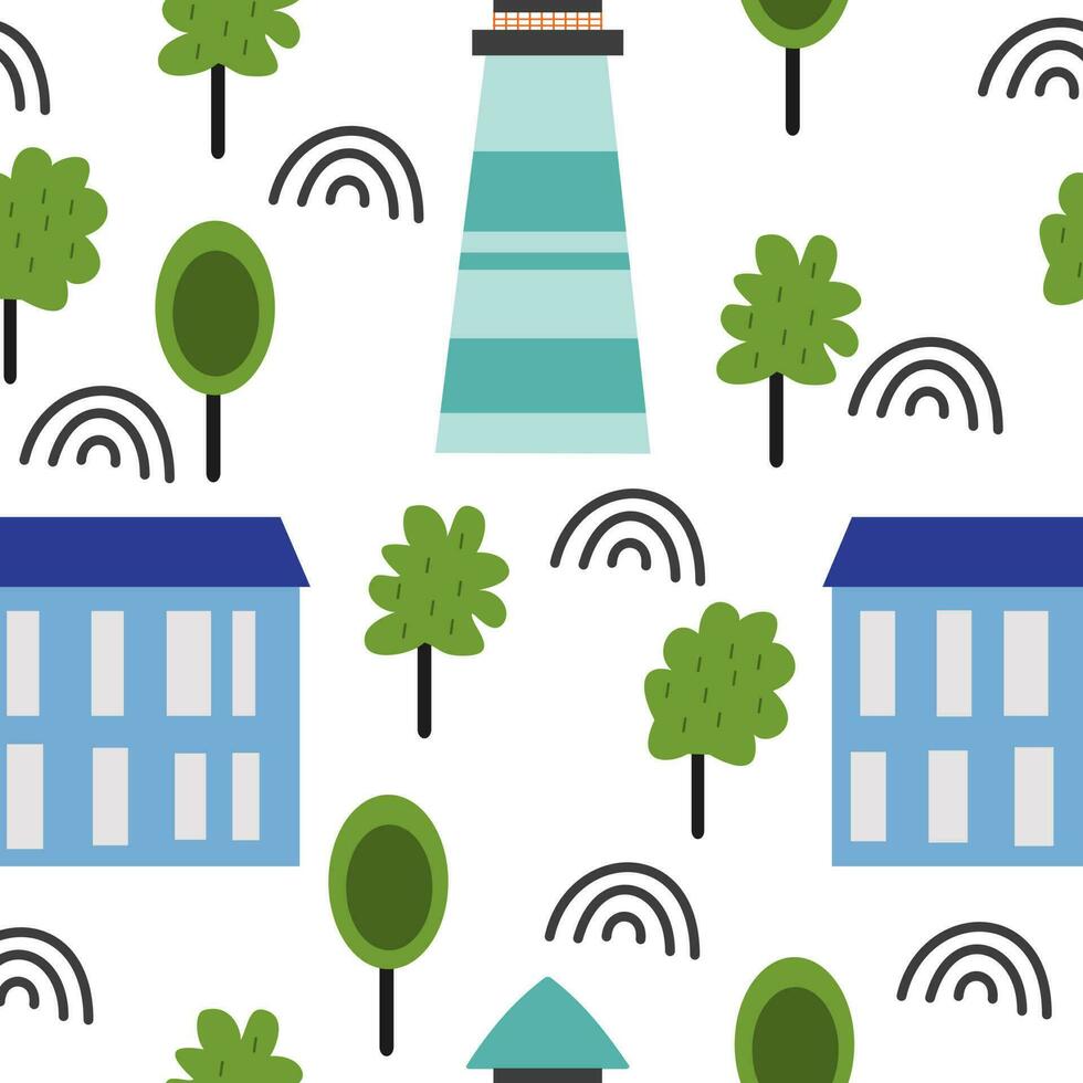 Childish pattern tiny house and nature. vector