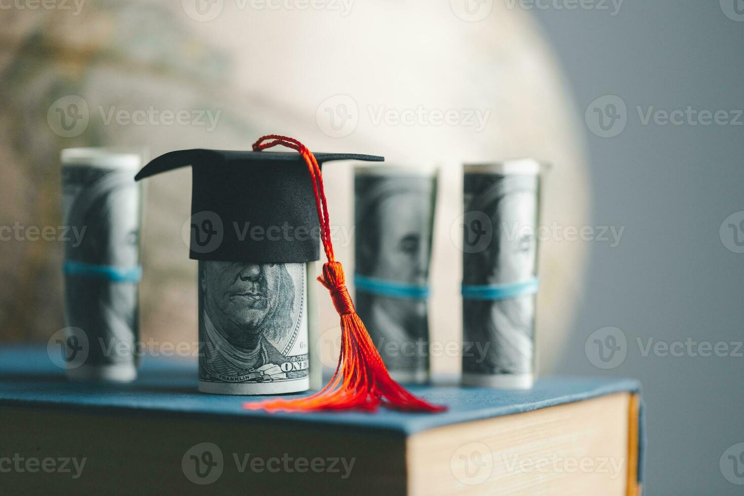 Graduation cap with Earth globe. Concept of global business study, abroad educational, Back to School. Education in Global world, Study abroad business in universities in worldwide. language study photo