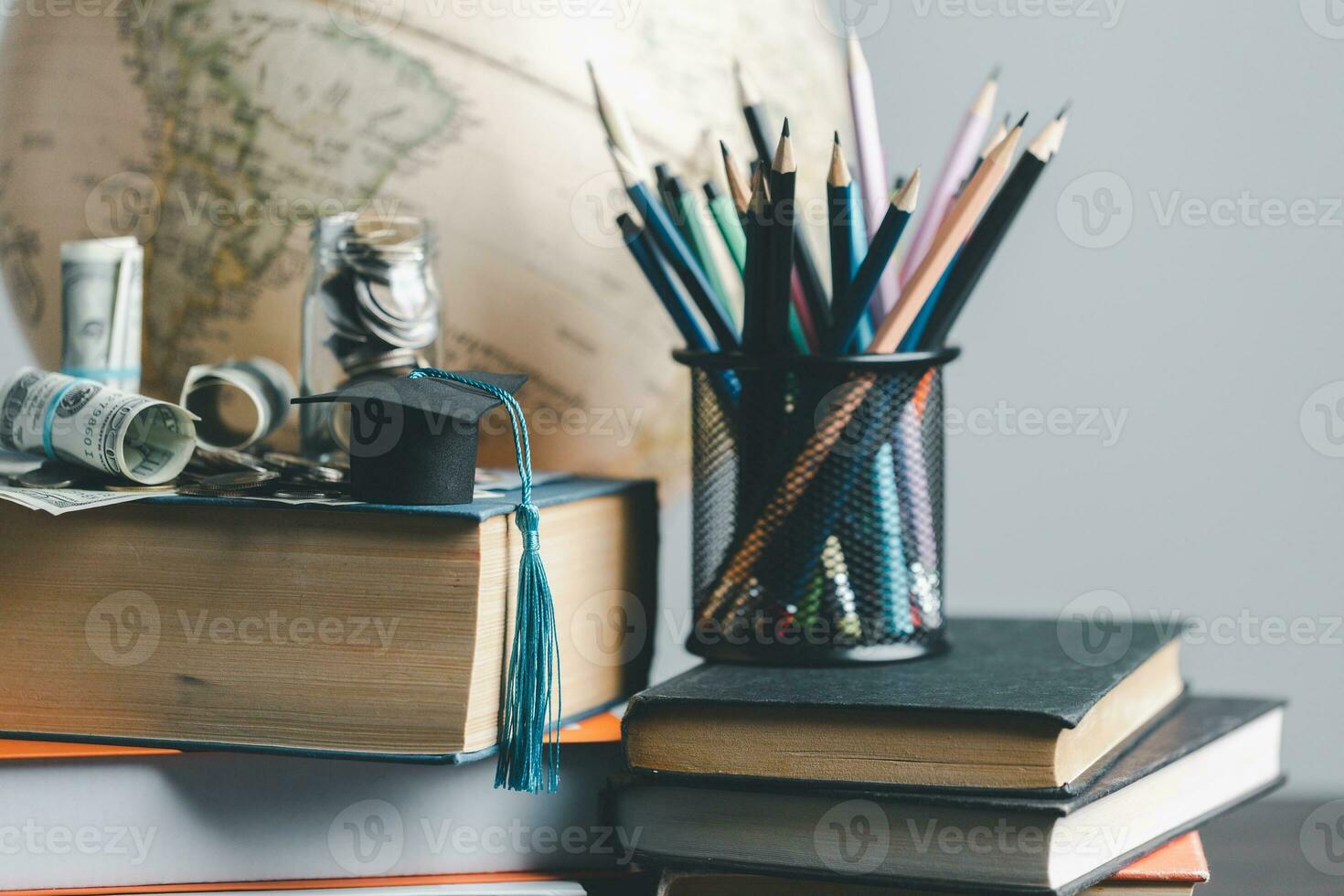 Graduation cap with Earth globe. Concept of global business study, abroad educational, Back to School. Education in Global world, Study abroad business in universities in worldwide. language study photo