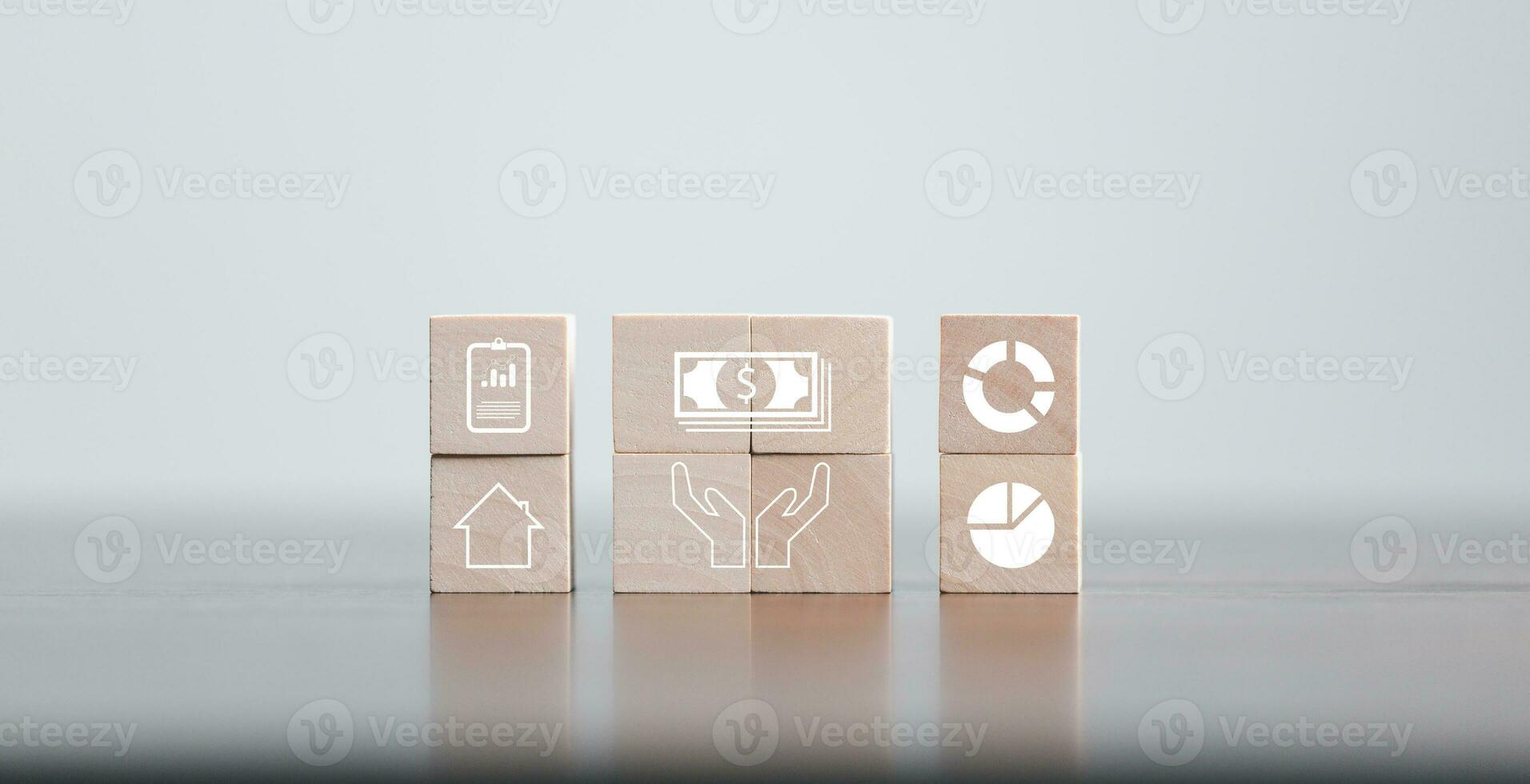 Wooden blocks with symbol of personal loan concept on grey background photo