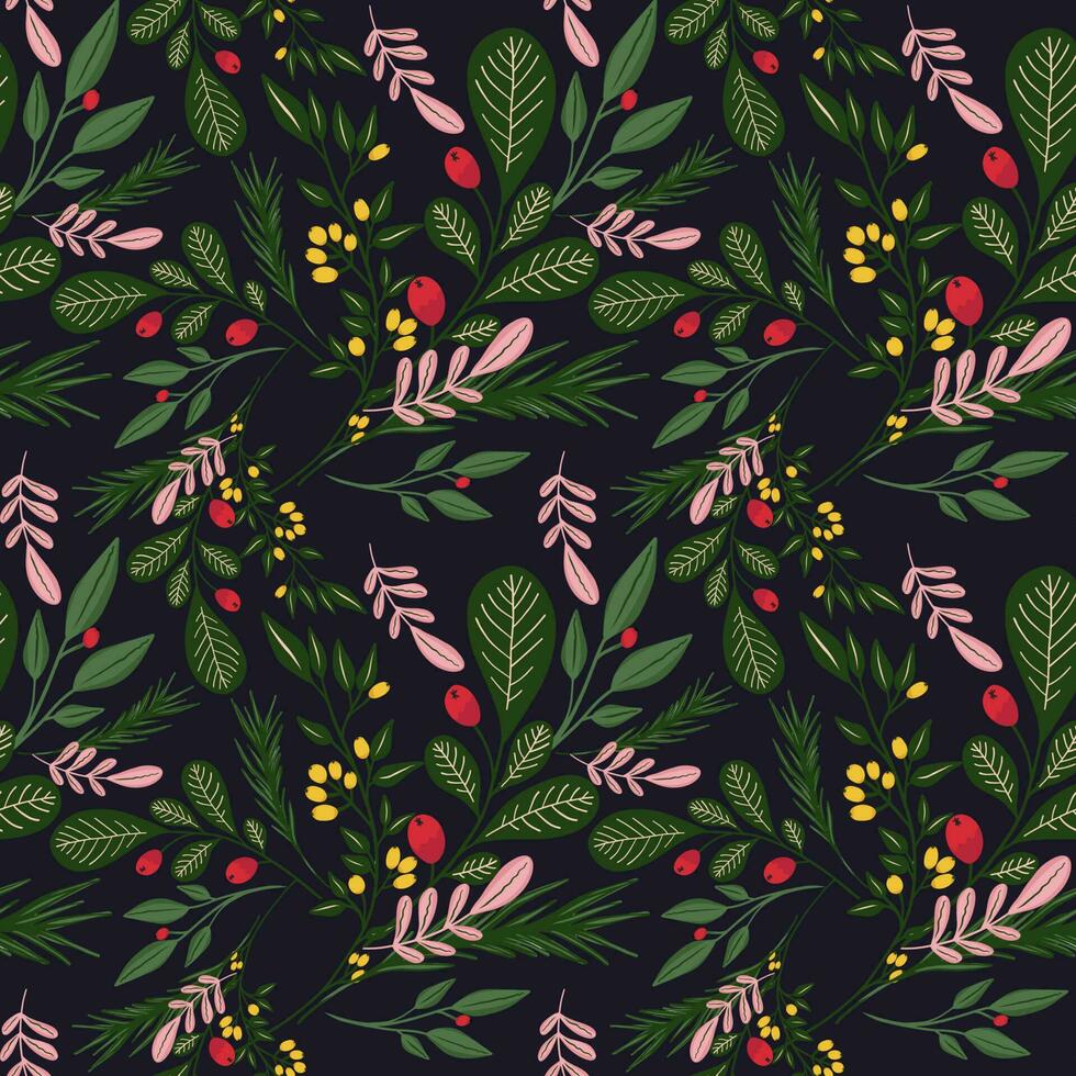 hand drawn christmas element and leaves, foliage pattern. vector