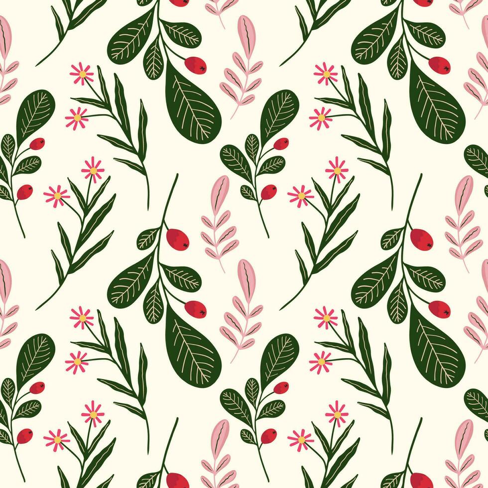 hand drawn christmas element and leaves, foliage pattern. vector