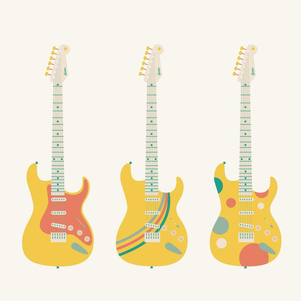 Vector set of musical instruments. Electric guitars or amps drawn in cartoon flat style, isolated on beige background.