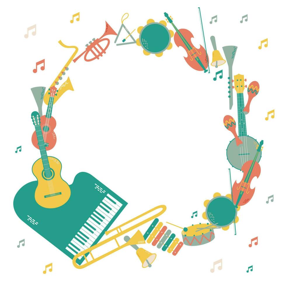 Vector frame with musical instruments. Orchestra includs drum, maracas, triangle, tambourine, piano, trumpet, trombone, guitar, banjo, ukulele. Can be used as greeting card, banner, invitation.