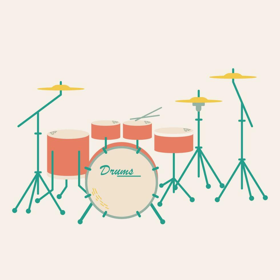 Vector set of musical instruments. Drums with cymbals drawn in cartoon flat style, isolated on beige background.