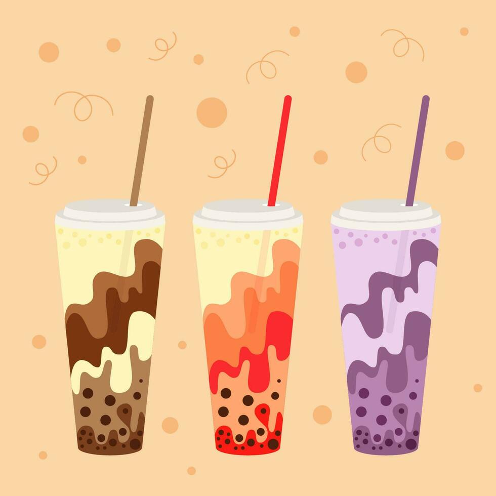 Vector set of bubble tea, chocolate, strawberry and blueberry taste with cream in a high plastic cup witn cap and straw.
