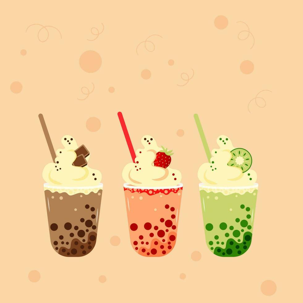 Vector set of bubble tea, chocolate, strawberry and kiwi taste in plastic cup witn straw.