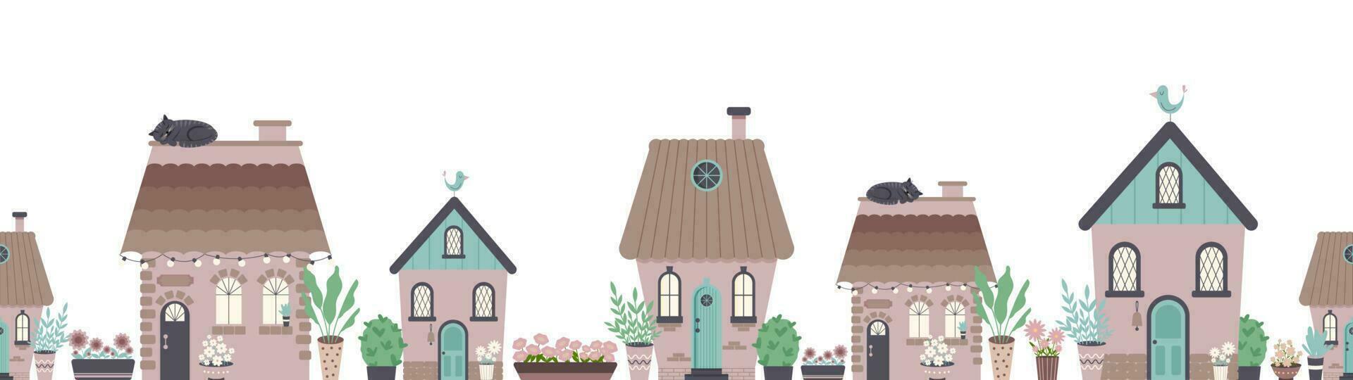 Vector flat townscape seamless long banner. Cute street with houses or buidings facades.