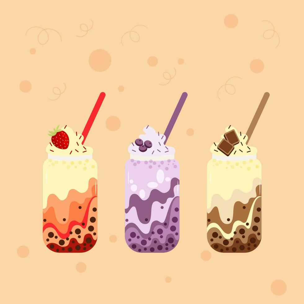 Vector set of bubble tea, chocolate, strawberry and blueberry taste with cream in glass cup witn straw.