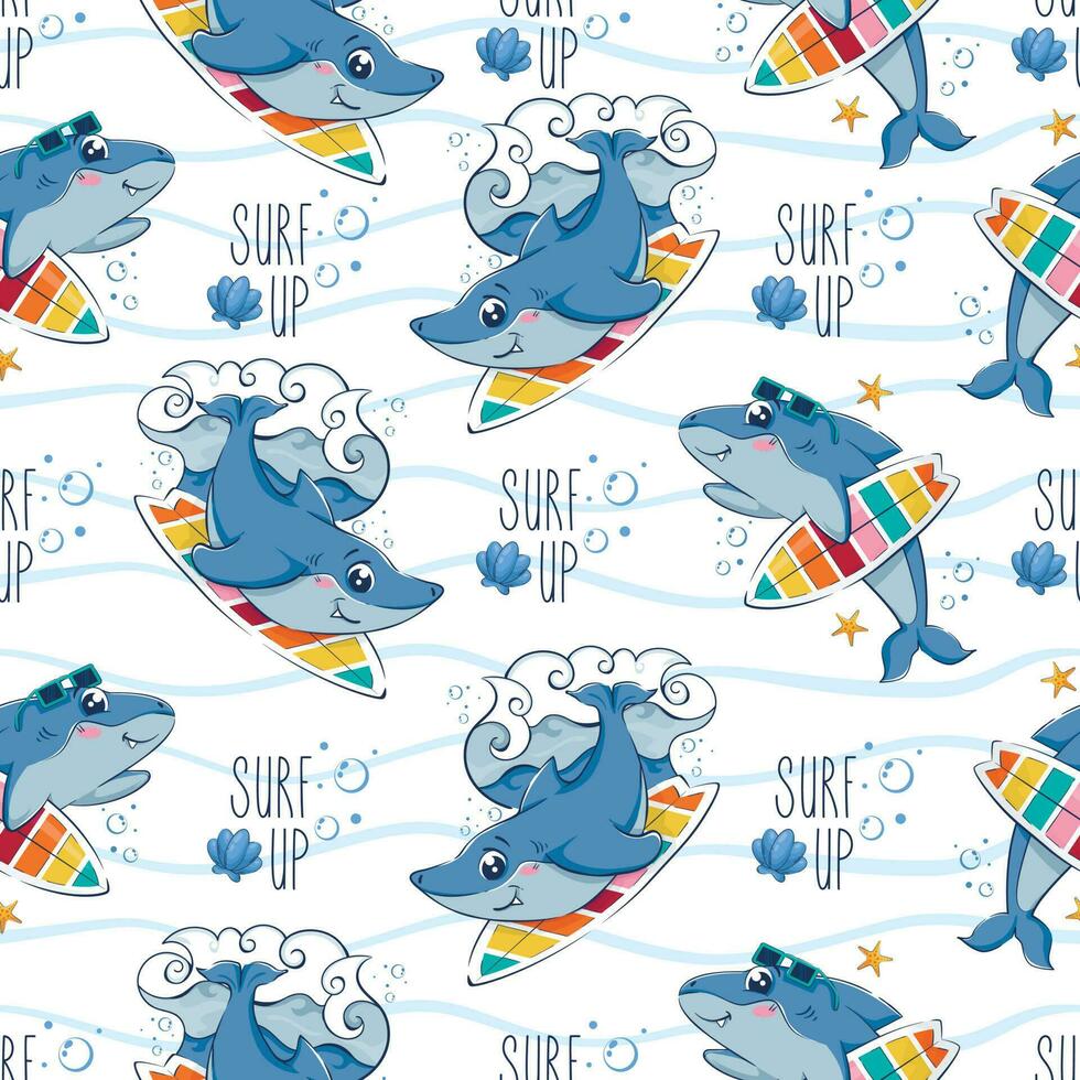 Seamless pattern with cartoon sharks on the surfers among the sea waves and the inscription surf up in a flat style. vector
