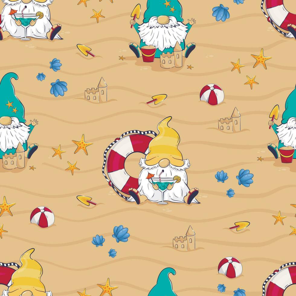 Seamless pattern with cartoon gnome building a sandcastle drinking a cocktail on the beach. vector