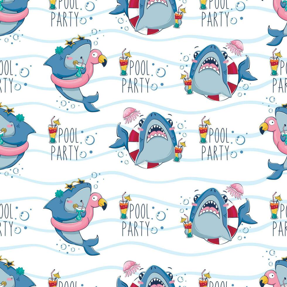 Seamless pattern with cartoon sharks with cocktails and inflatable circles among the sea waves and the inscription pool party in a flat style. vector