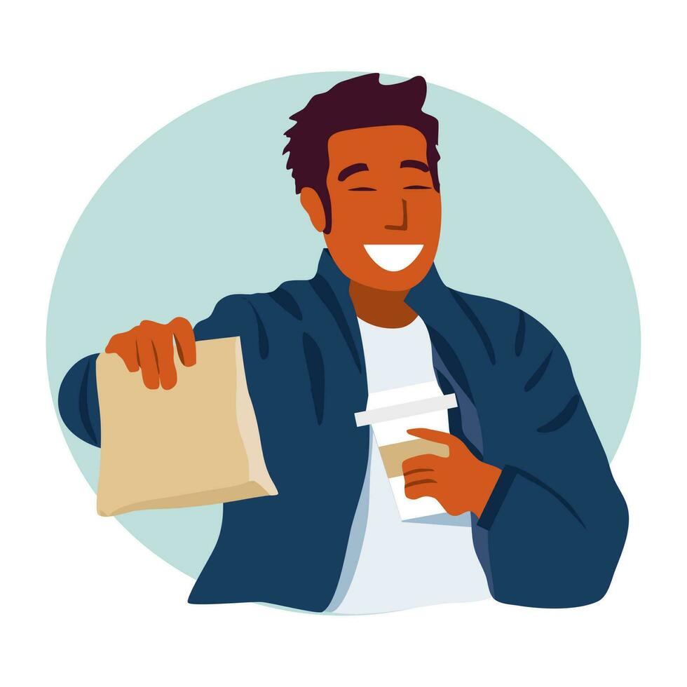 Happy man holding take away food paper bag and coffee mug, on the go concept. vector