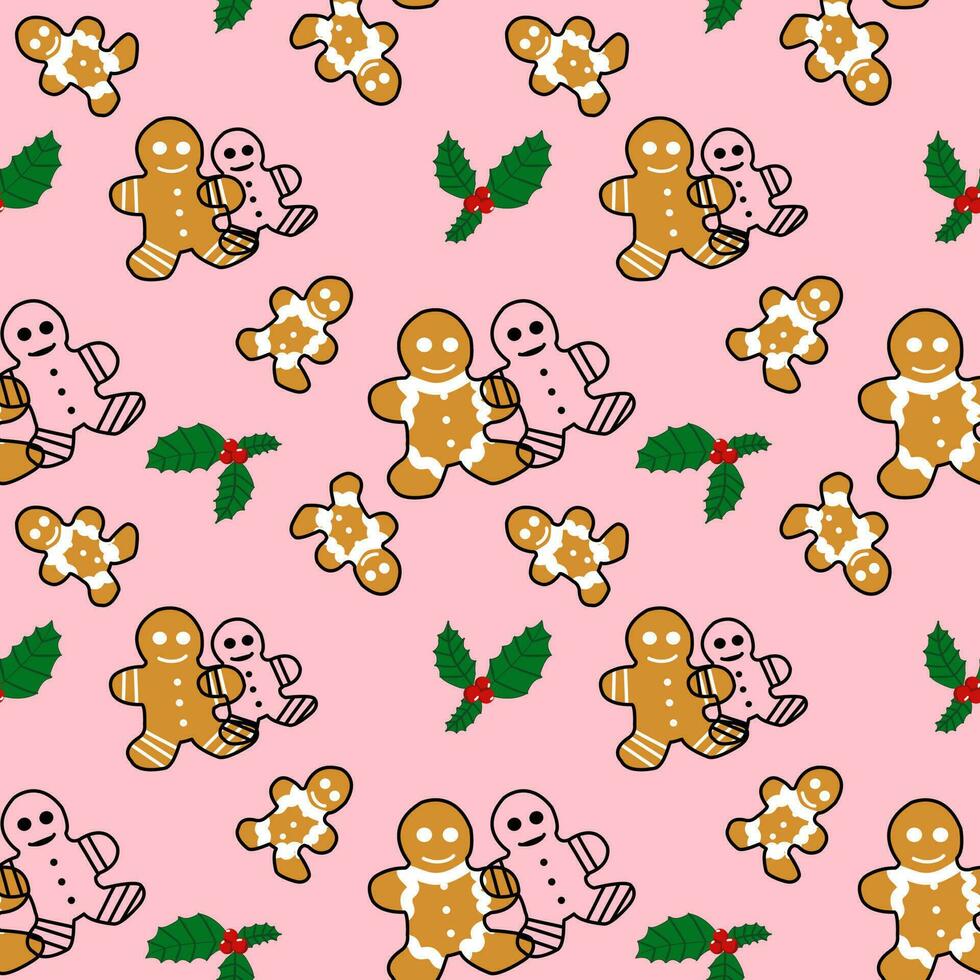Christmas gingerbread cookies seamless pattern on pink background. vector