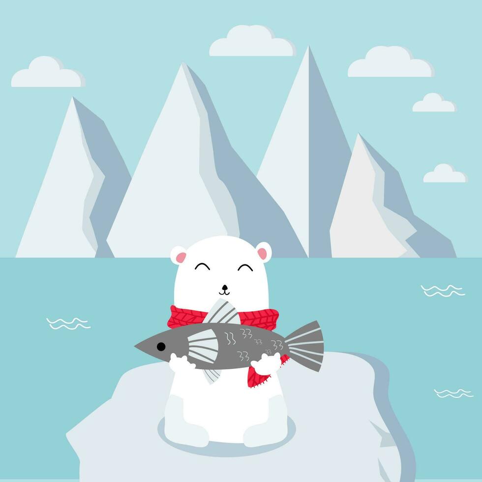 polar oso con rojo bufanda atrapando pez. vector