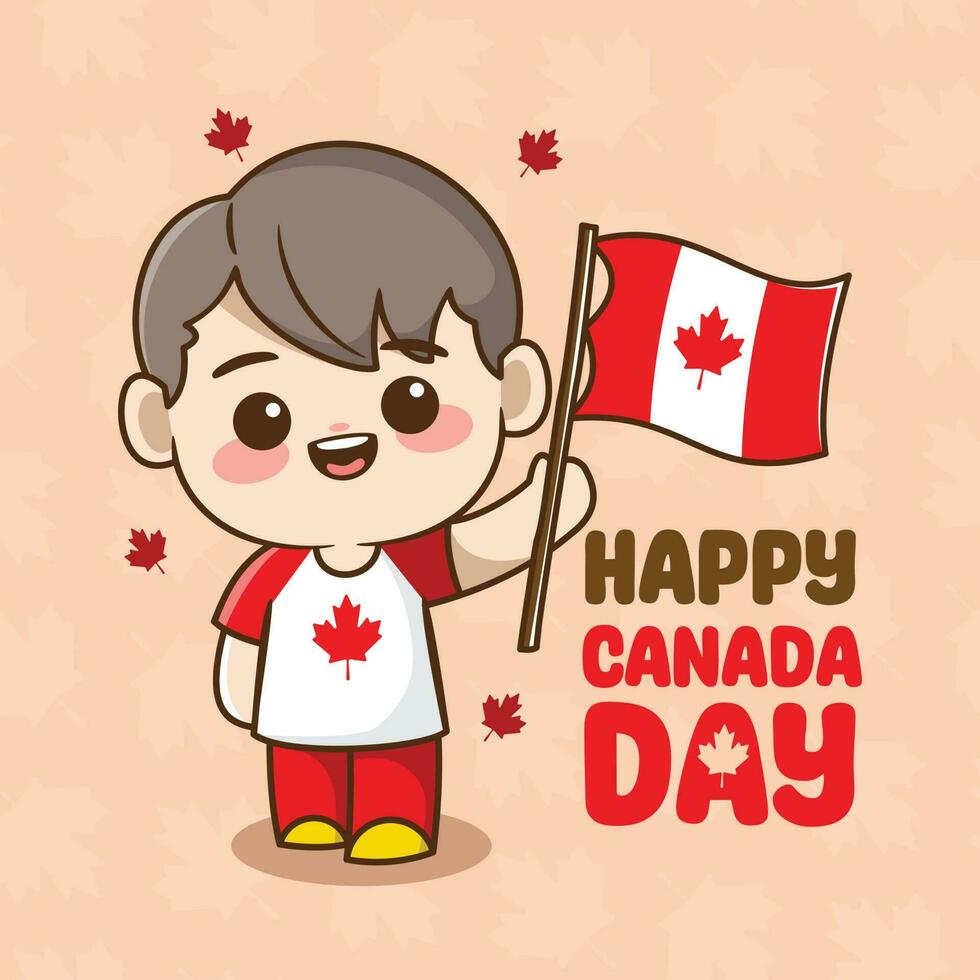 vector illustration of a little boy holding a canadian flag