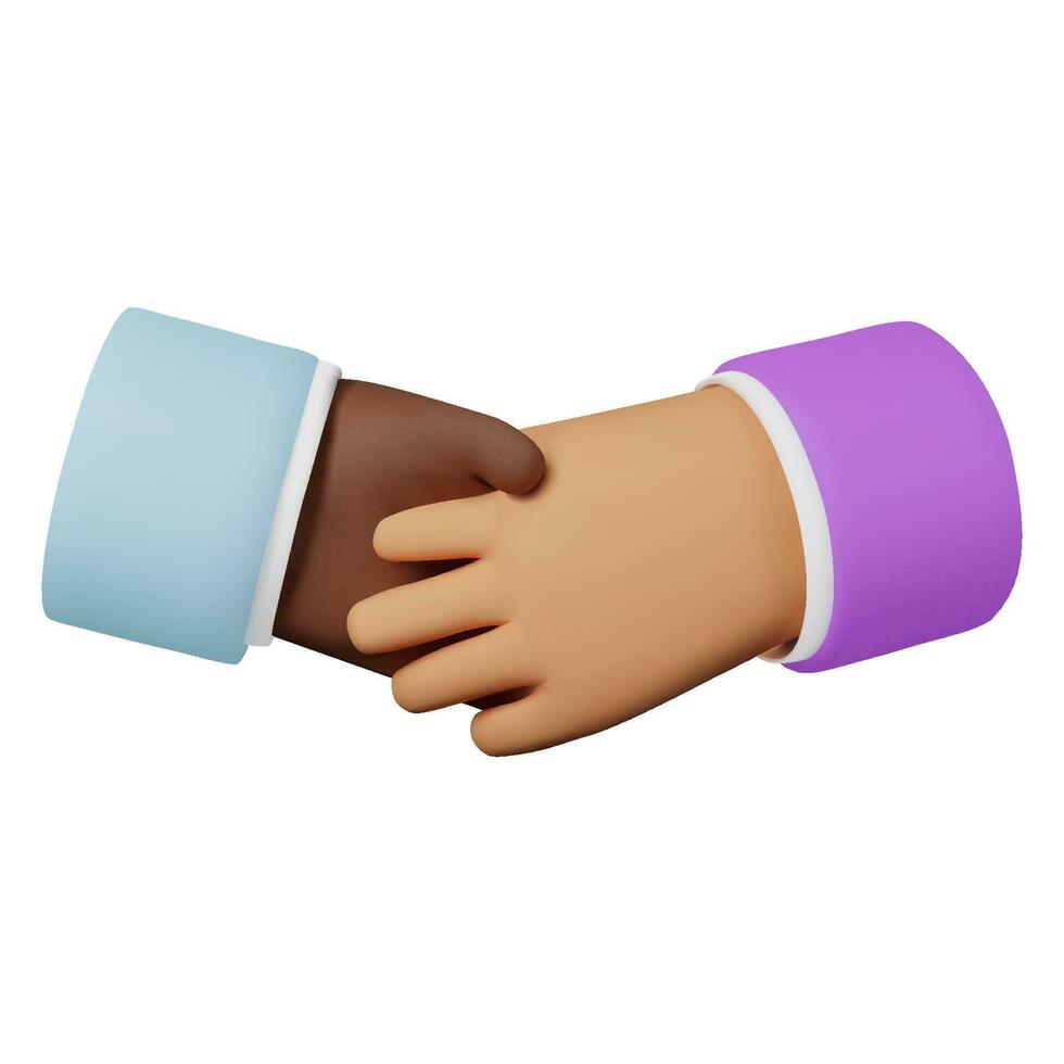 3d render cartoon of a dark-skinned hand shaking a light-skinned hand. Vector illustration isolated on white background. 3d for web or app. Cartoon style