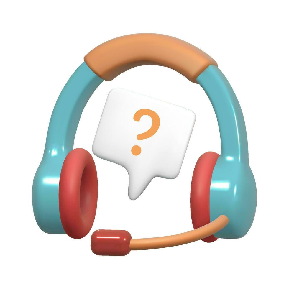 3d render icon. Blue headphones with a text bubble and a question mark. Customer support concept. Vector isolated illustration