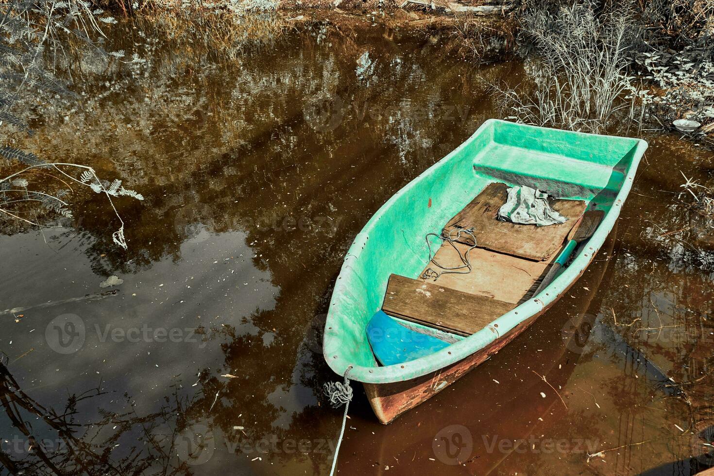 Boat in canal landscape. infrared nature landscape photo