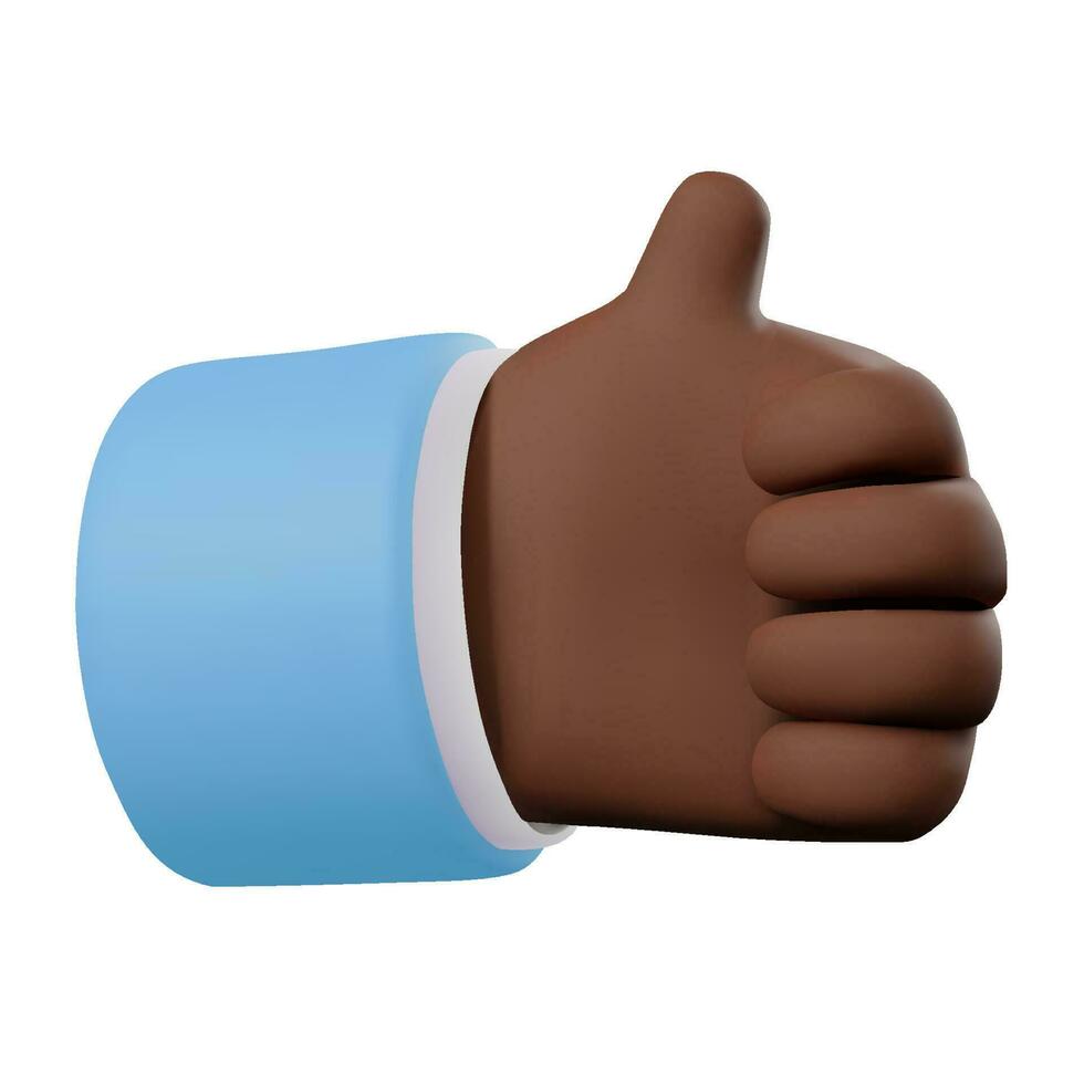 3d render icon of dark skinned hand gesture thumb up. Vector illustration isolated on white background. Cartoon style design for web or app. Hand thumb up or like sign.