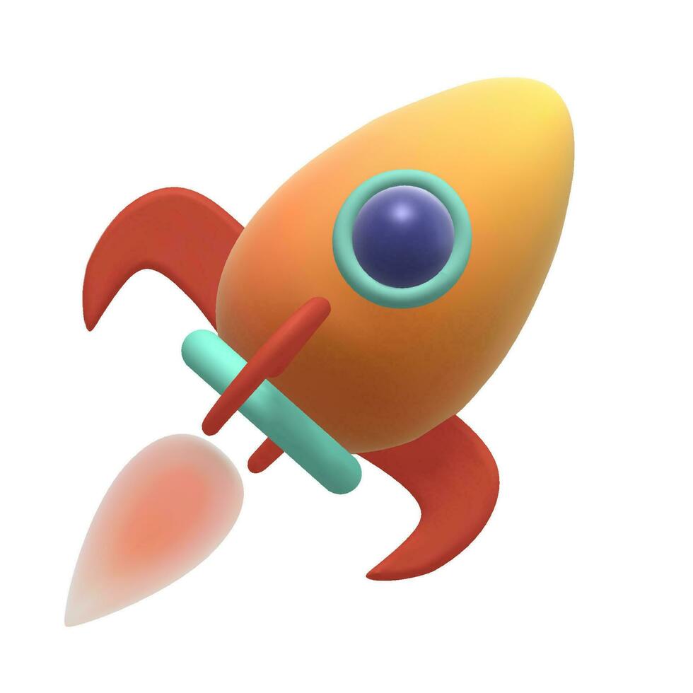 3d render icon. A cartoon yellow rocket with a blue window and red props is flying.  Vector isolated illustration