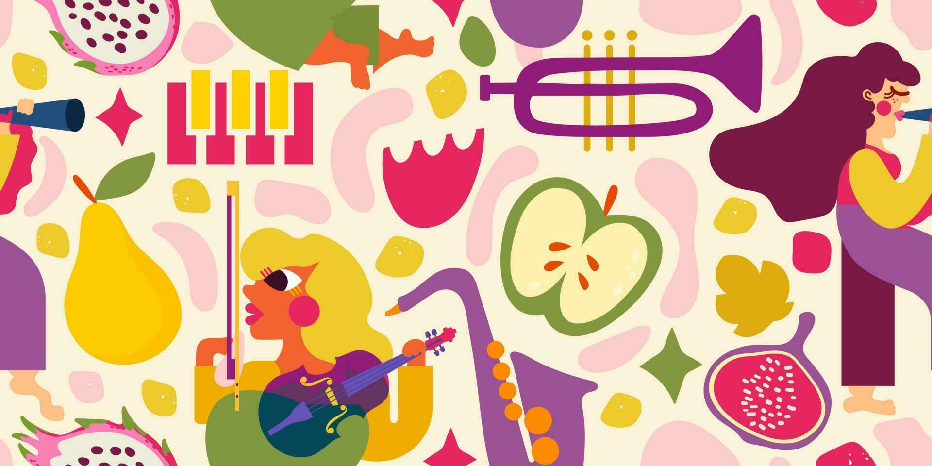 Seamless pattern for harvest day, farmer's market or food fair. Music, fruit, relaxing atmosphere. This design will make your project more interesting and festive. vector