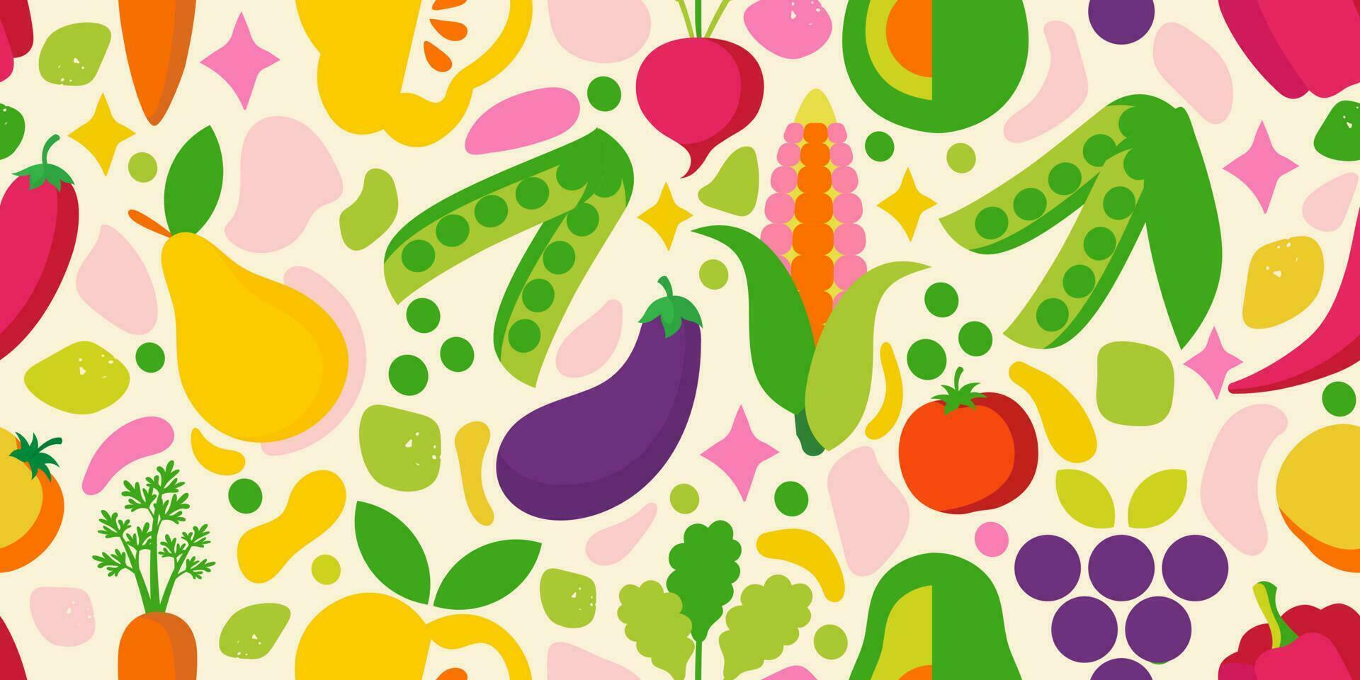 Seamless pattern of fruits and vegetables. Juicy, bright design of healthy food will be a great decoration of your project. vector