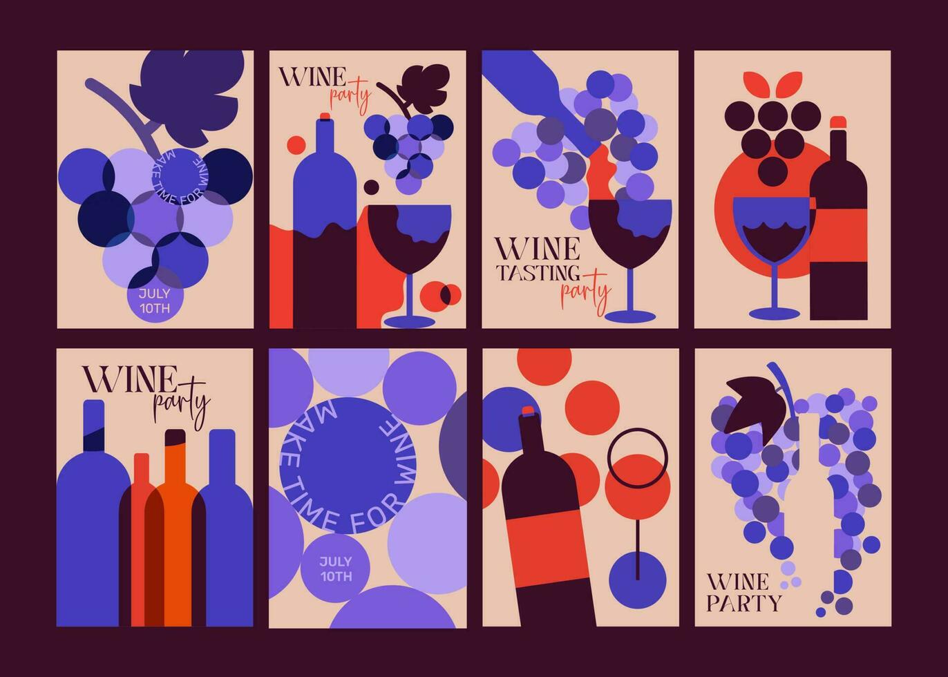 8 Posters for wine tasting party. The design is made of two main colors in burgundy - the color of wine, and purple - the color of grapes. Modern, restrained design will make your project complete. vector
