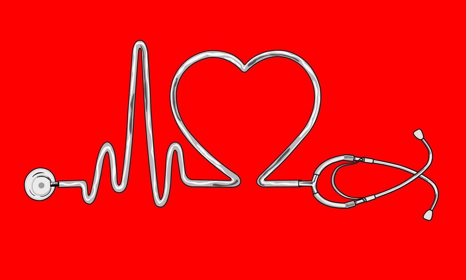 Stethoscope pulse heartbeat medical health care modern minimalist design.  Heart wave stethoscope on red background. vector