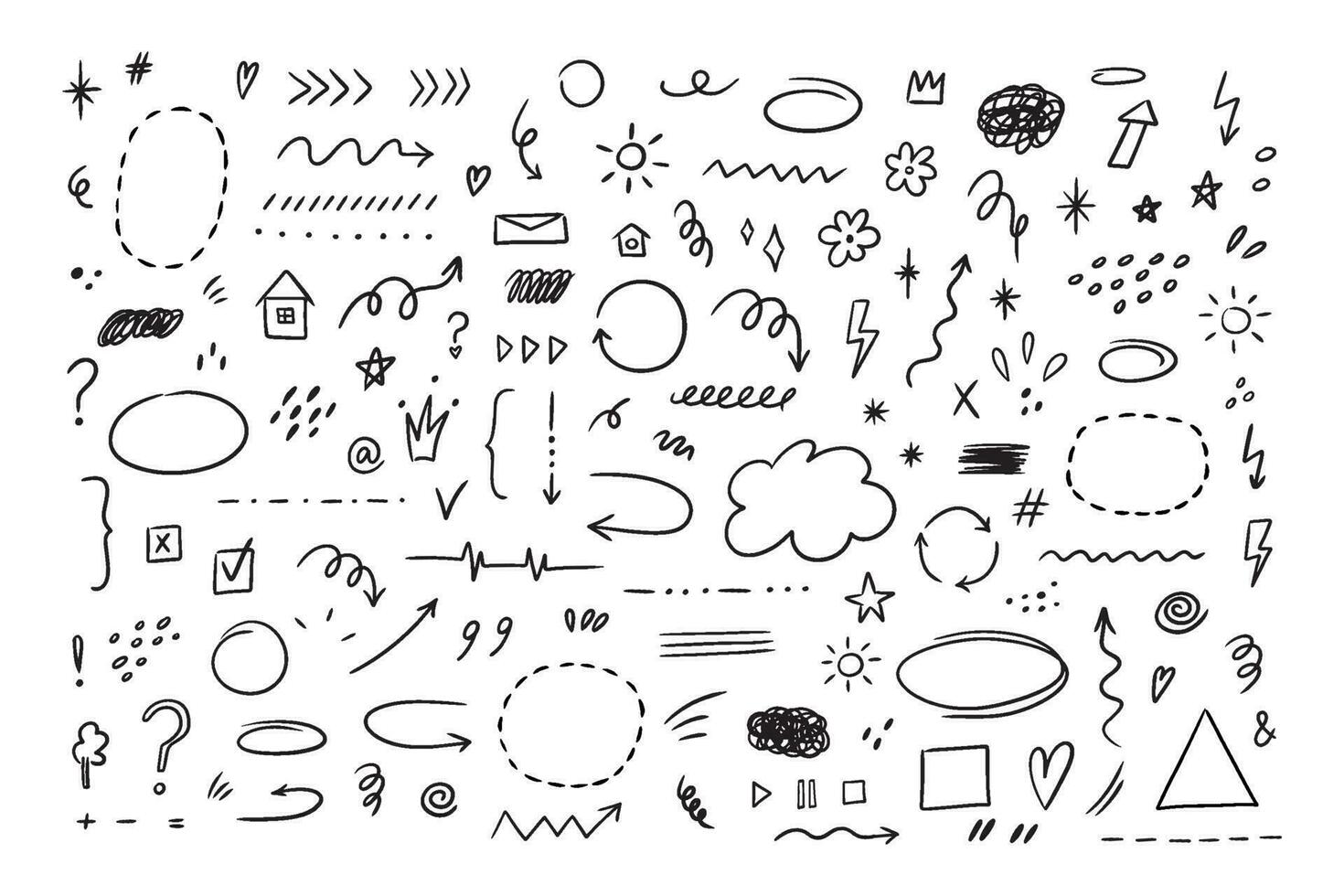 Sketch hand drawn line set of simple decorative elements. Various icons such as hearts, stars, speech bubbles, arrows, lines isolated on white background. vector