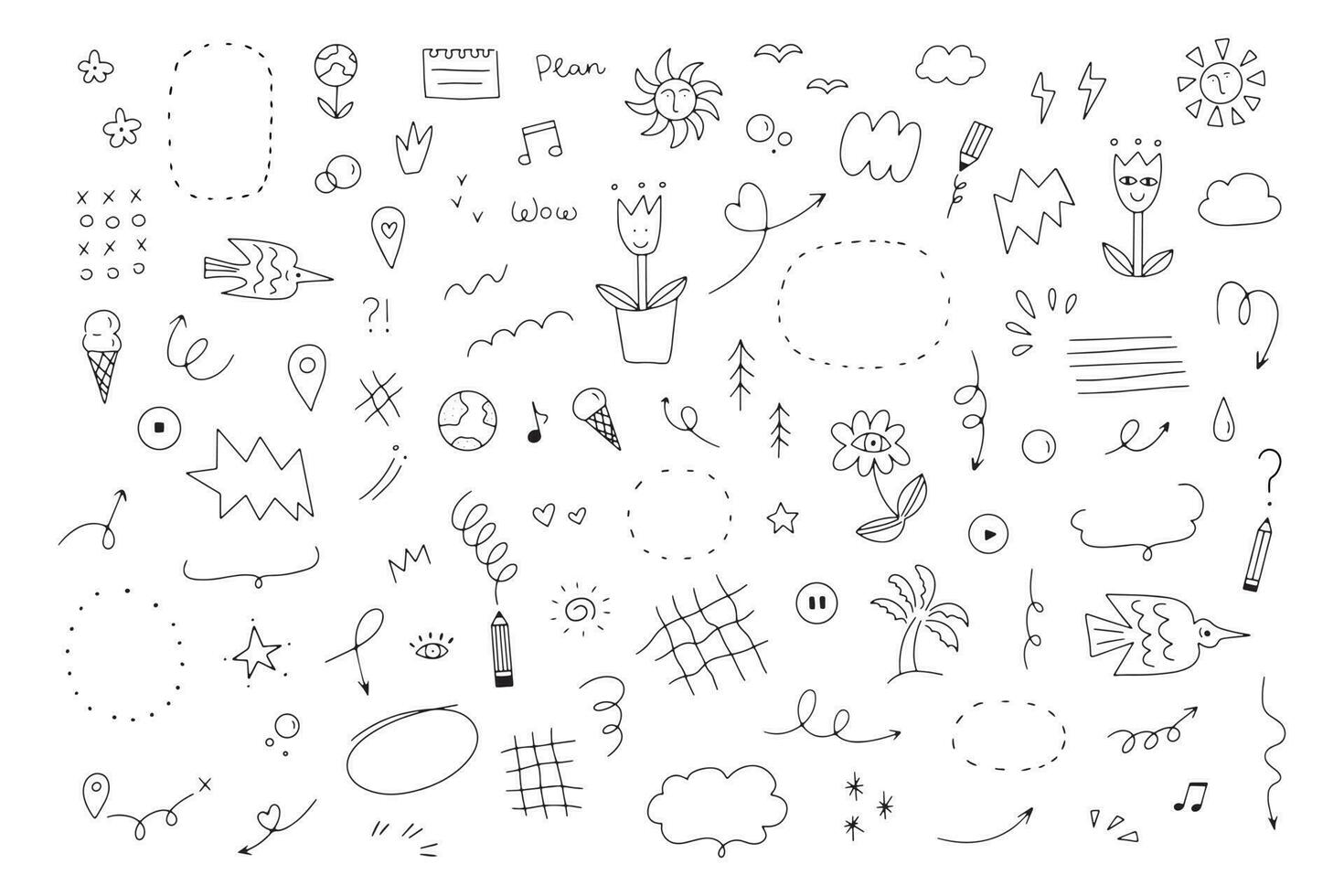 Doodle set of simple decorative elements. Various icons such as hearts, stars, speech bubbles, arrows, lines isolated on white background. vector