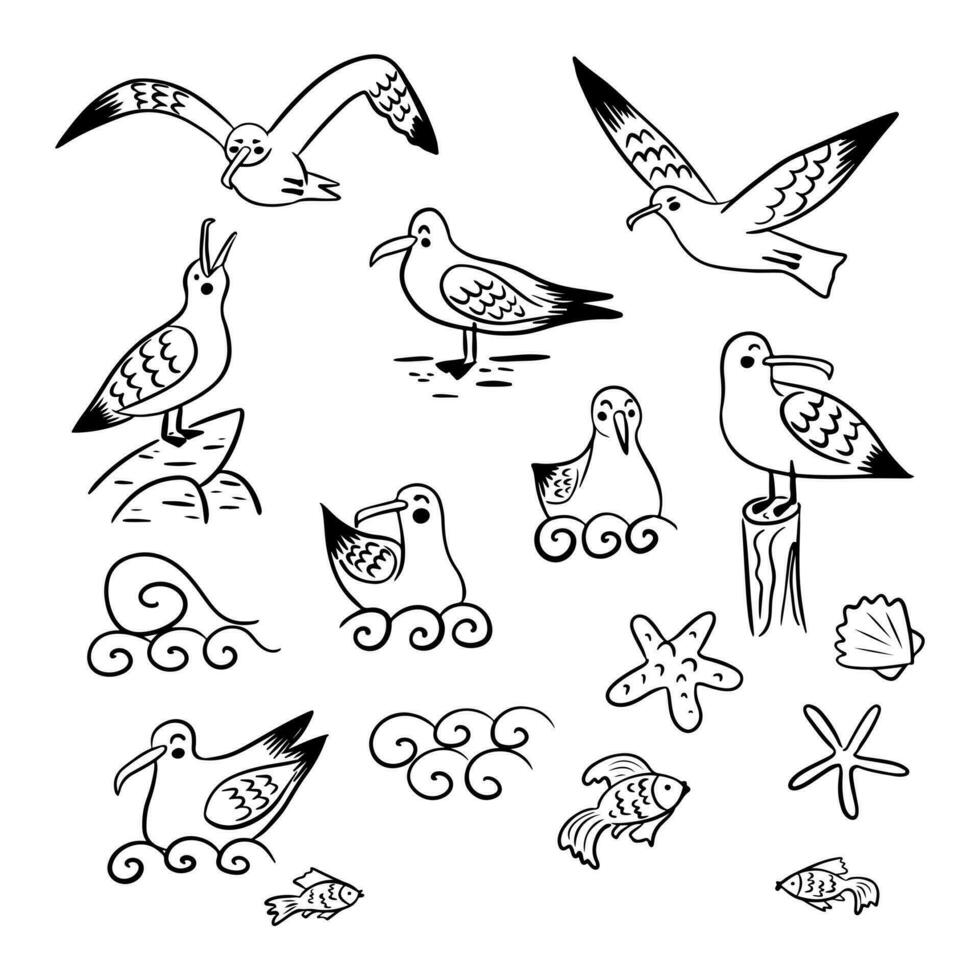 Set of hand drawn sketch seagull and sea elements. Outline birds, waves, seashells and fish isolated on white background. Vector line art Ideal for coloring pages, tatoo, pattern, background, wrapping