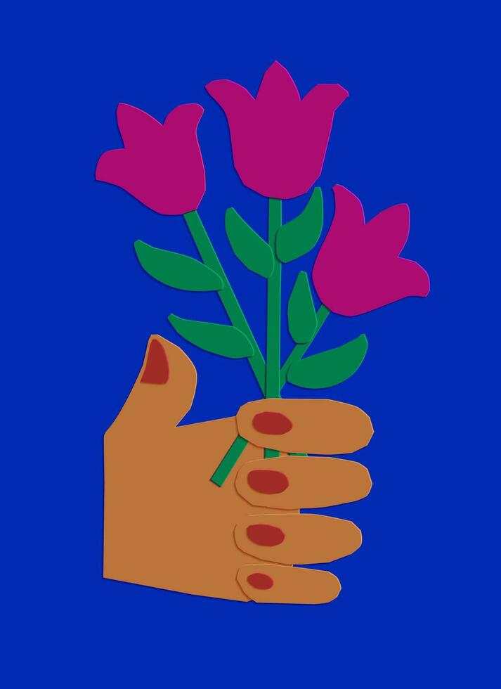 High contrast childish cutout illustration. Vector hand with bouquet of flowers on blue background. Unique composition in papercraft kids style. Ideal for post, poster, background.