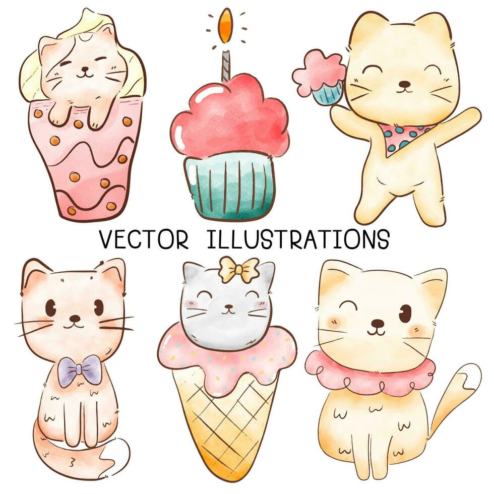 Watercolor cute cat cartoon hand drawn style for print, card, t-shirt, banner and illustration. vector