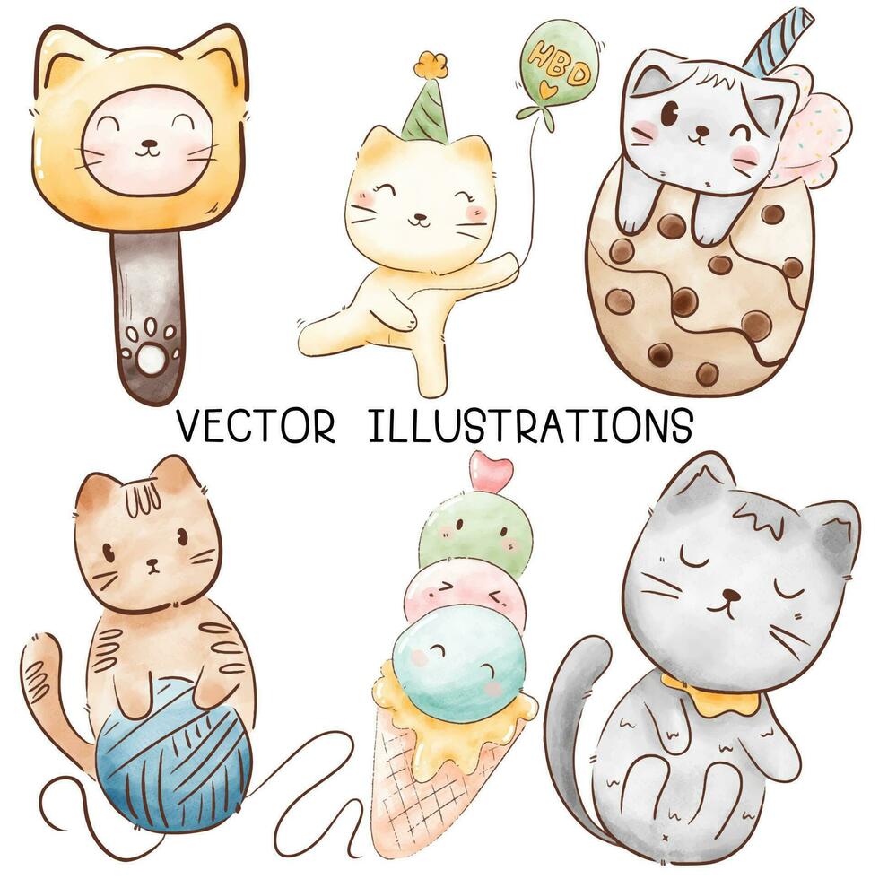 Watercolor cute cat cartoon hand drawn style for print, card, t-shirt, banner and illustration. vector