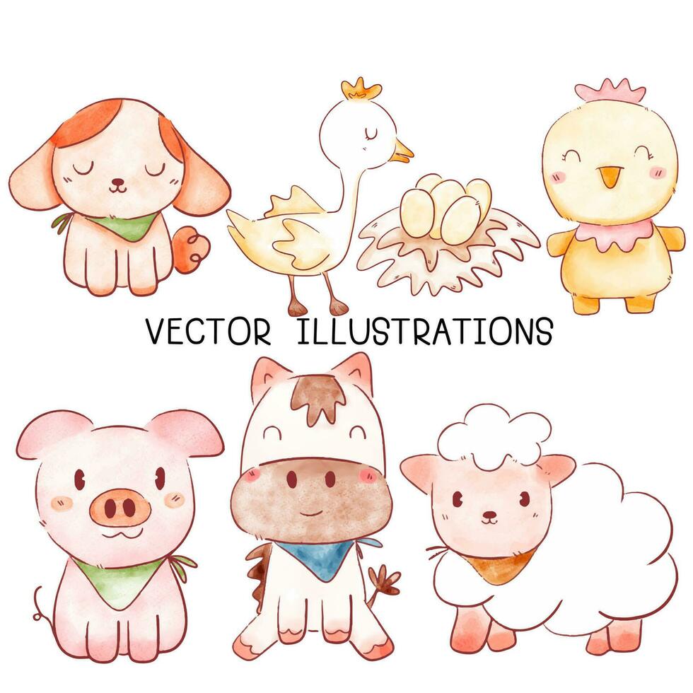 Watercolor Illustration set of Farm Animals vector