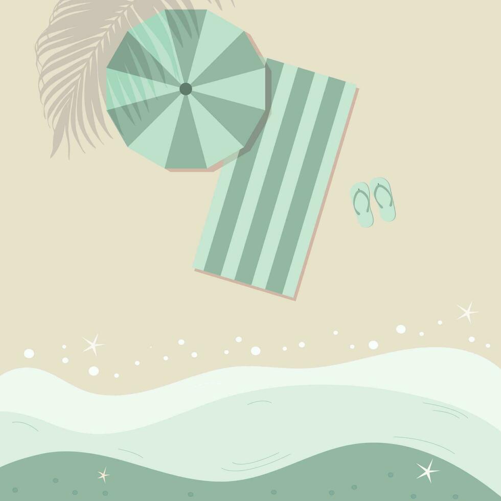 ojo de pájaro ver de el playa con paraguas y playa toalla. vector ilustración.
