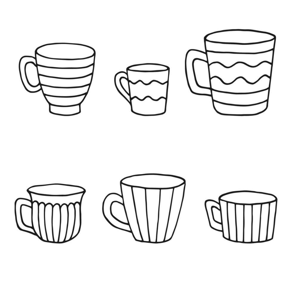 Hand drawn cup mug. Set of cups in doodle style. Vector illustration isolated on white background.