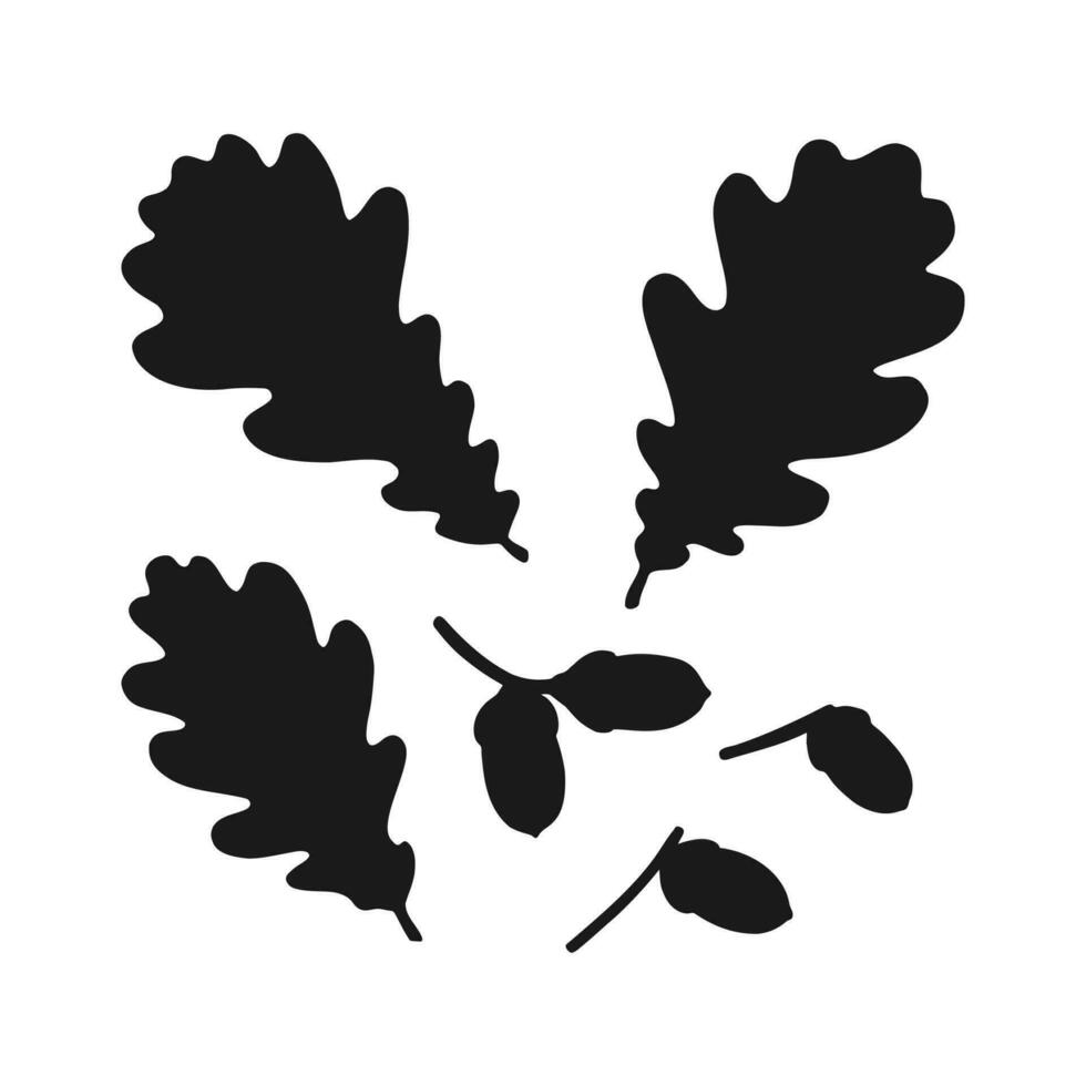 Set with silhouette oak leaf  and acorn. Hand drawn autumn vector illustration.