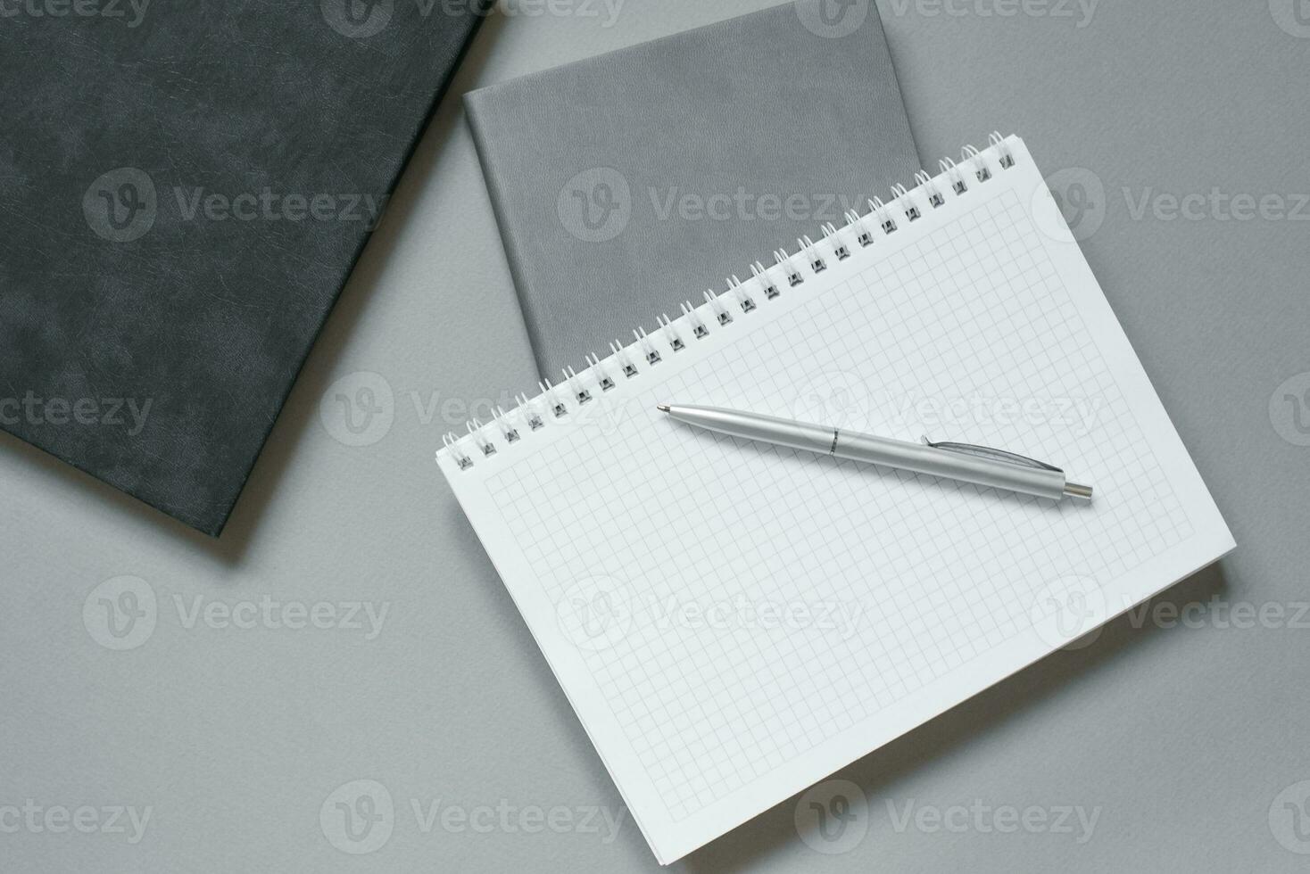 Notebooks or diaries with a blank page and a ballpoint pen on top of them. Office worker's place photo
