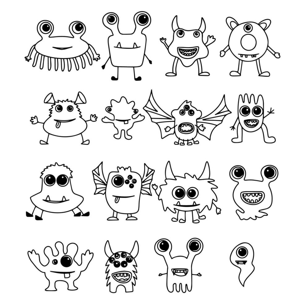 Big collection of doodle monsters. Hand drawn, funny, cute, scary monsters. Big set monsters. Vector illustration.