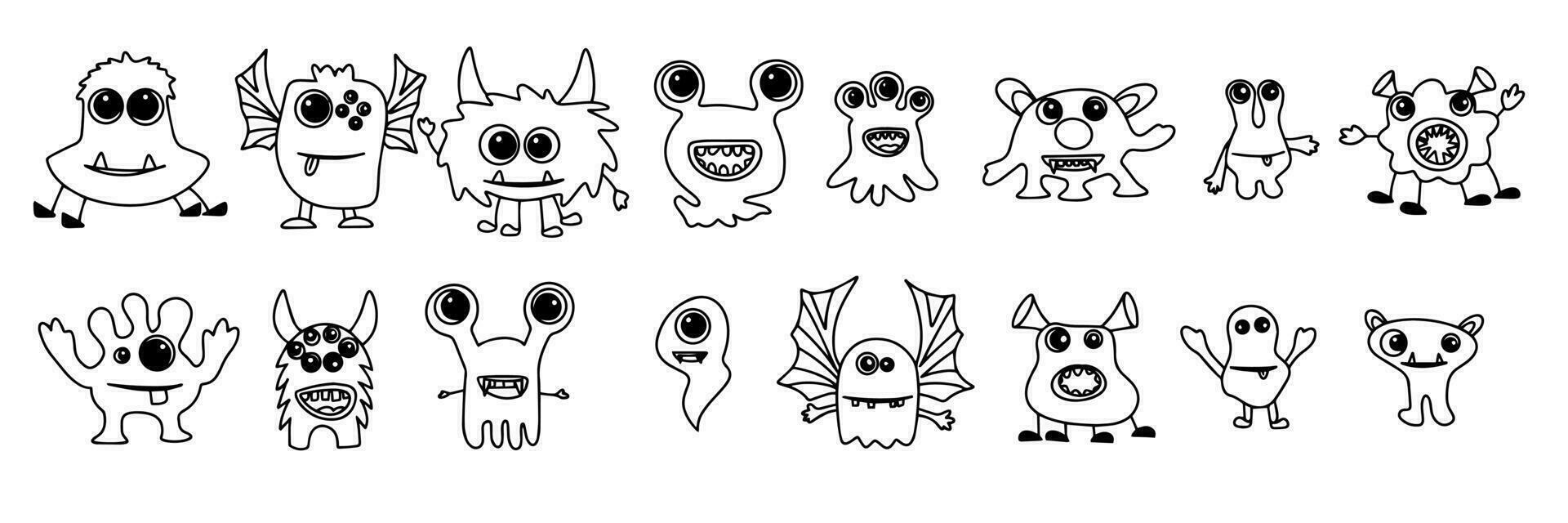 Big collection of monsters in doodle style. Hand drawn big set of Halloween monsters. Vector illustration