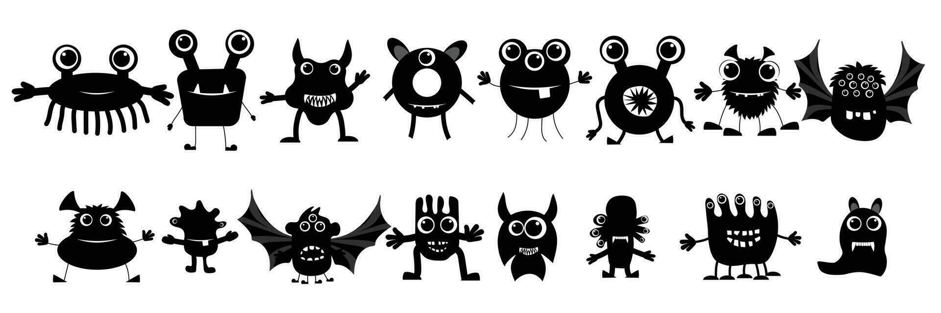 Big collection of black monsters. Set of monochrome black monsters, isolated on white background. Vector illustration.