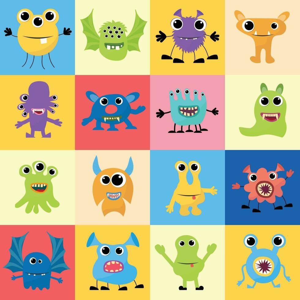 Seamless pattern with monster. Collection of monster isolated on color squares. Vector illustraiton