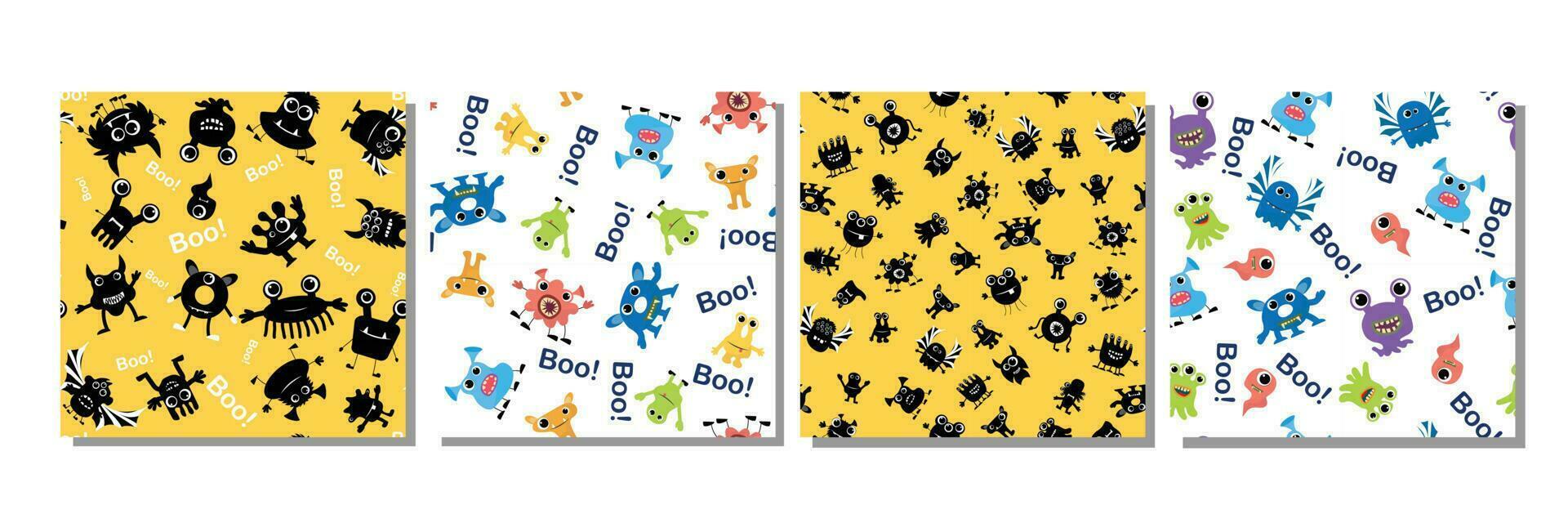 Collection of funny seamless pattern with monsters. Many monsters as background pattern. Vector illustration. Set of monsters pattern