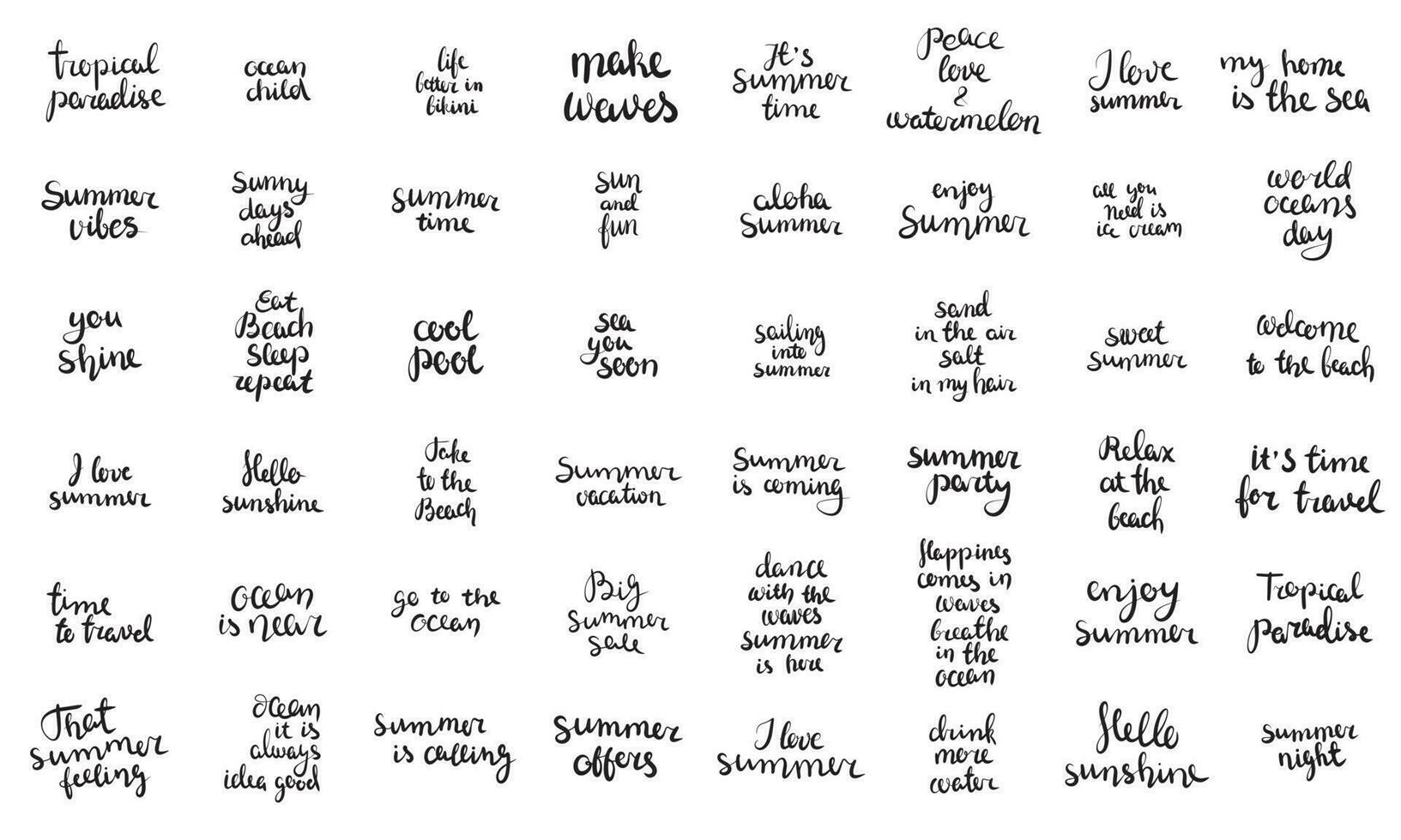 Big collection summer hand drawn brush lettering. Summer typography - enjoy summer, you shine, hello sunshine, ocean is near, time to travel vector